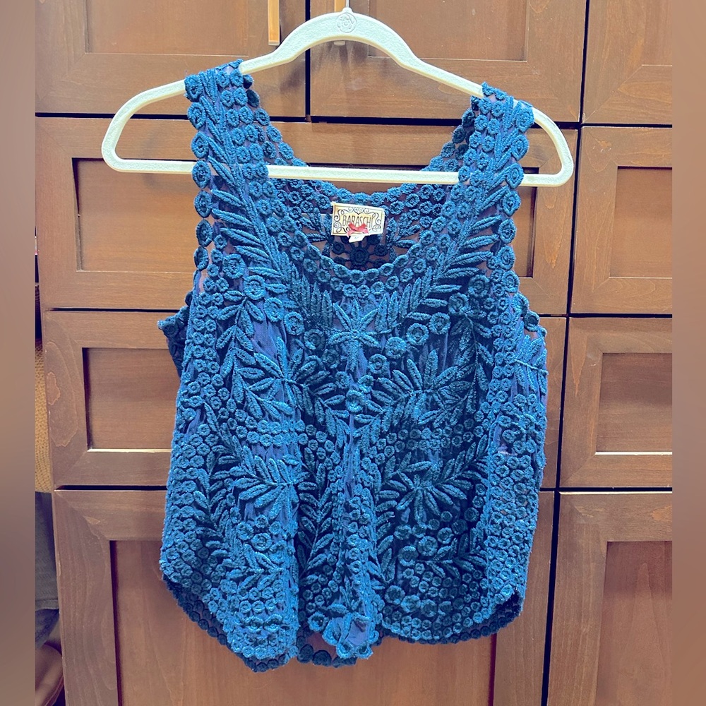 Anthropologie blue appliqué and sheer blouse